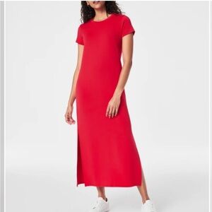 SPANX AirEssentials short sleeve maxi red dress with high side slits soft small
